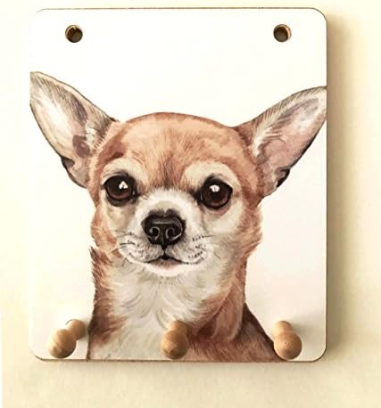 Chihuahua Dog Lover Gift - UK Artist Christine Varley's beautiful 3 Hook Wooden Key/Lead Rack, measures H 6" x 5".