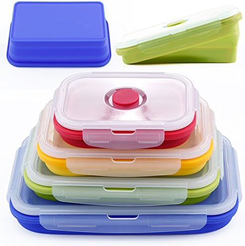 Set of 4 Silicone Food Storage Containers, Silicone Collapsible Lunch Bento Box - BPA Free, Microwave, Dishwasher and Freezer Safe (Rectangle)