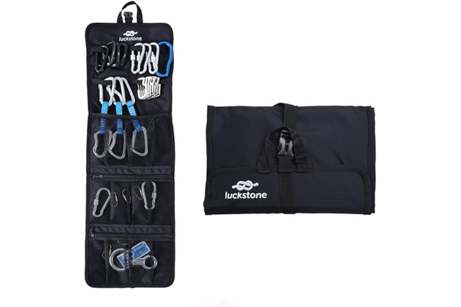 Pewihyer Rock Climbing Gear Storage Bag Foldable Waterproof Roll Up D-Ring Climbing Quickdraw Hanging Tool Equipment Gear Carabiner Organizer Collection Bag Carry Pouch 420D Oxford Cloth (A)
