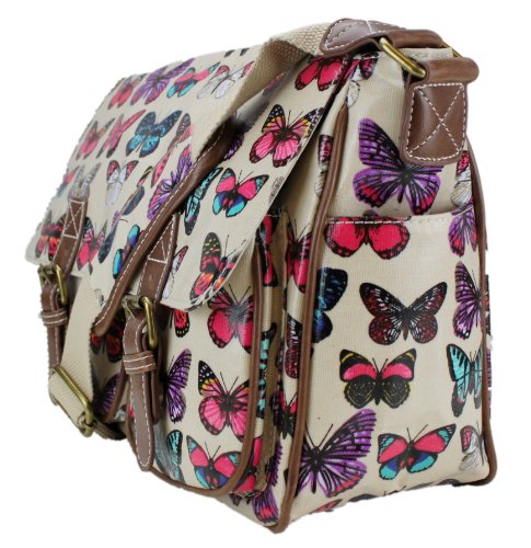 Miss Lulu Womens Oilcloth Satchel Bag Butterfly Beige