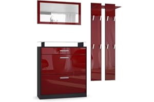 Vladon Garderobe Loret mini, Garderobenset bestehend aus 1 Schuhschrank, 1 Wandspiegel und 2 Garderobenpaneele, Schwarz matt/Bordeaux Hochglanz