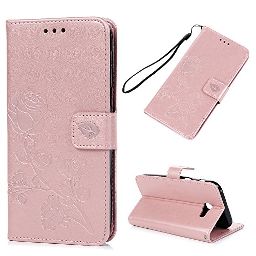 Lanveni A3 2017 Hülle, Handyhülle für Flip Case Cover PU Lederhülle Schutzhülle Magnetverschluss Ledertasche mit Stander Function Brieftasche Card Slot Handy Tasche mit Prägung Rose Cover Design für Samsung Galaxy A3 2017 (Rose Gold) + 1 x Stylus Stift + 1 x Staubdichte Stecker + 1 x Schutzfolie - 2