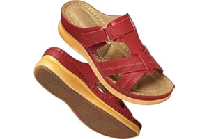 FIENZA Pantoletten Orthopädische Hausschuhe Damen Keilabsatz Leder Hausschuhe Vintage Sommerschuhe Freizeit Wedge Mit Absatz Mit Fussbett Slides Slipperstrandschuhe Peep Toe Plateau Sandalen