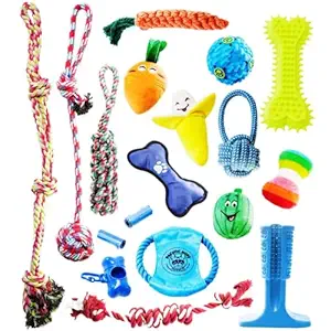 Pacific Pups Products supporting pacificpuprescue.com - 18 Piece Dog Toy Set with Dog Chew Toys, Rope Toys for Dogs, Plush Dog Toys and Dog Treat Dispenser Ball - Supports Non-Profit Dog Rescue