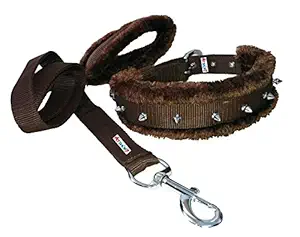 Petshop7 Nylon Fur Padded Spike Dog Collar & Dog Leash - Medium (Adjustable Neck Size : 14-17inch)-Brown