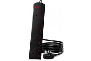 K-MART Roe Tenpo 4 Gang 2 Metre Extension Lead UK Pin Plug And Cable, 250v Power Adapter Multi Plug Extension Socket Strip For Home And Office, Wall Mountable Extension Cable (Black - 1Pack)