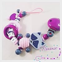 Schnullerkette 3D Waschbär mit Namen, Baumler, 2 Ringe, babyrosa, purpur und grau