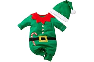 Generisch Baby Strampler Weihnachten Weihnachtsoutfit,Strampler Junge Mädchen,Neugeborenes Santa Elfen Schlafstrampler mit Hut Weihnachts Party Kleidung Set