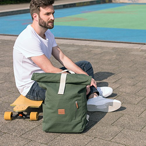Johnny Urban Rucksack Damen   Herren Gr  n Roll Top Daypack aus Baumwoll Canvas - L  ssiger Vintage Tagesrucksack f  r Den Alltag - Wasserabweisend   