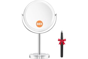Auxmir Specchio Ingranditore 30X/1X, Specchio Trucco da Tavolo Bifacciale, Specchio da Bagno Rotazione a 360︒ Stile Retrò, Supporto Cromato, Bordo e Piedistallo Trasparente