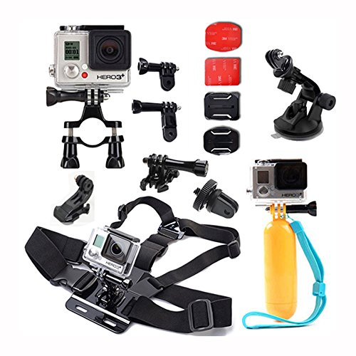 iBroz® - Premium Pack de Accesorios - Arnés para el pecho (chesty) + Correa para la cabeza + Soporte para barra, Manillar, Sillín + Flotante palo de mano con correa de muñeca + J-Hook Adaptador de montaje, para todas las cámaras GoPro Hero 4, 3+, 3, 2, 1 - Nilox F60 etc.. - SJ4000, SJ5000, SJ6000