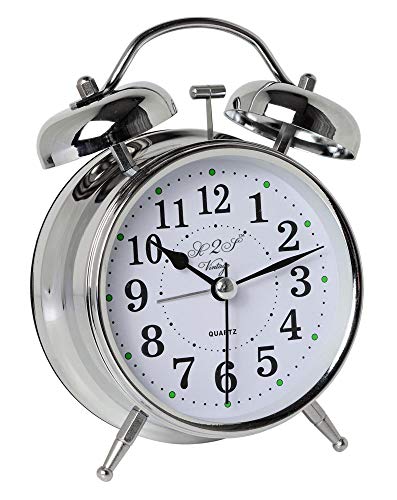 A2S estilo vintage - Reloj despertador Twin Bell, Analog & funciona con pilas, ideal para pesado duermen y viaje