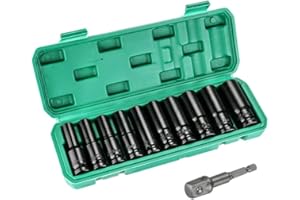 ANESTY Deep Impact 11pcs 1/2" Drive Socket Set, 10-24mm, with Adapter & Storage Box, for Car & Home Repair