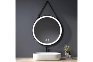 Heilmetz Espejo de baño led, diámetro 70 cm, Espejo Redondo con Cuerda, Espejo de baño Redondo Espejo de Pared con Interruptor táctil, Regulable, Tres Colores
