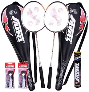 Silver's Kinetic 2 Rackets, 1 Box C Marvel, 2 PVC Grip Badminton Racquet (Black/Red)