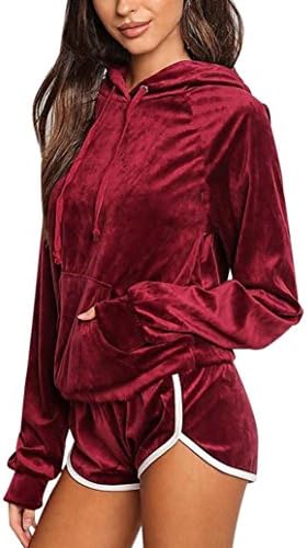 WINWINTOM Women Velvet 2PCS Long Sleeve Hoodies Sweatshirt Shorts Sets Sport Suit (S, Red)