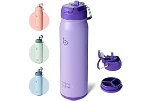 BOTTLEBOTTLE BOTTLE BOTTLE Borraccia sportiva da 680,4 g, in acciaio inox, con cannuccia e portapillole (viola)