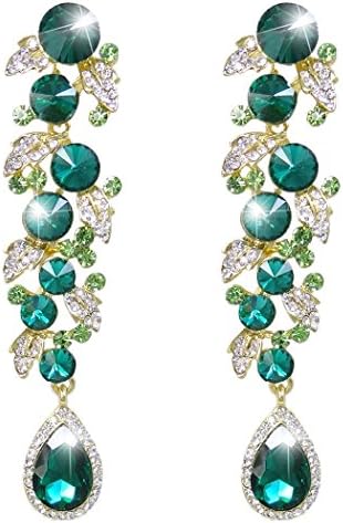 TENYE Women's Austrian Crystal Party Floral Leaf Teardrop Pierced Earrings Green Gold-Tone