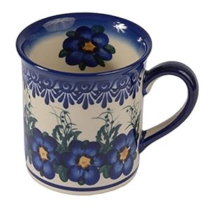 Traditional Polish Pottery, Handcrafted Ceramic Funnel-shaped Mug (300ml / 10.5 fl oz), Boleslawiec Style Pattern, Q.301.PANSY