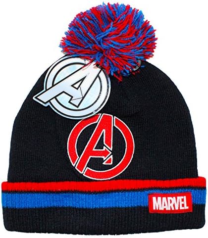 Boys Marvel Avengers Beanie Bobble Hat Black Red Blue Age 3-6 Years