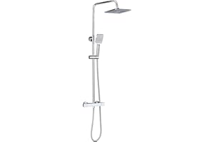Solepearl Thermostat Shower System, Square Thermostatic 38 °C Shower Mixer Set with Rainfall Shower Head, Handheld Shower, Riser Rail, Adjustable Height Anti Scald Chrome Shower Set