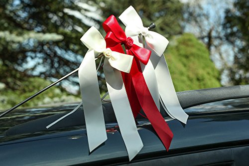 10 Antennenschleifen mit Rose Deko Schleifen Hochzeit Autoschmuck Autoschleifen Weiss - 6