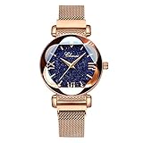 SW Watches Damenuhr Magnet Uhr Quarz Armbanduhren Starry Sky Dial Uhr mit Diamant-Ausschnitt aus Stahlgewebe mit einzigartigem Magnetverschluss,ARoseGold