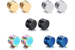 EPOCH WORLD 5 Pares Acero Inoxidable Pendientes Magnéticos Iman Hombres Mujer Unisex Falso Pendientes aros plata Redondos Sin Agujero Piercing 8mm