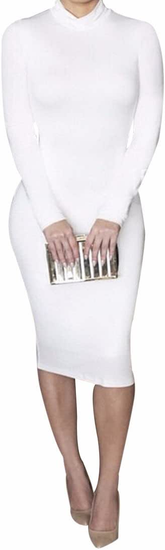 XXL, Braun QIYUN.Z Baumwolle Langarm Stand Hals Mitte Der Wade Mantel Verband Bodycon Kleid Damen