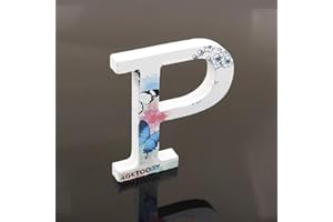 FREEAS Décoratif Bois Lettres, 26 Alphabet Blanc Lettres en Bois Avec Motif Papillon et Fleur imprimé pour Déco Nom des Enfants Fête d'anniversaire de Mariage Décoration de Maison et de Chambre à Couche (P)