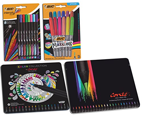 BIC - Pack de 4 comprenant 8 feutres à pointe fine + 12 feutres permanent + 20 feutres de coloriage + 24 cayons de couleur