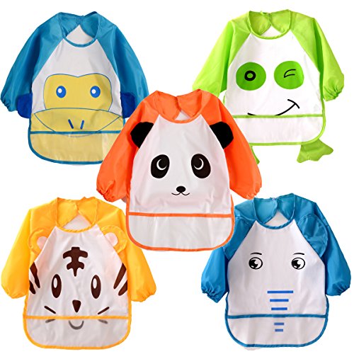 Haimoburg 5er Pack Wasserdicht Ärmellätzchen Nässeschutz Babylätzchen mit Auffangschale 1 bis 3 Jahre alt