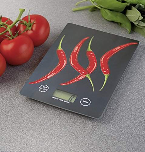 WENKO 25223100 Küchenwaage Slim Peperoni – elektronische Digitalwaage mit Sensor-Tastatur und Tara-Funktion, Gehärtetes Glas, 14 x 1.2 x 19.5 cm, Multicolor - 2