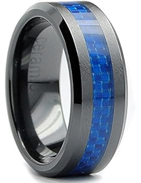 8MM Herren Schwarz Keramik Ehering Mit Blau Kohlefaser Einlage,Bequemlichkeit Passen,Größe 50 to 74