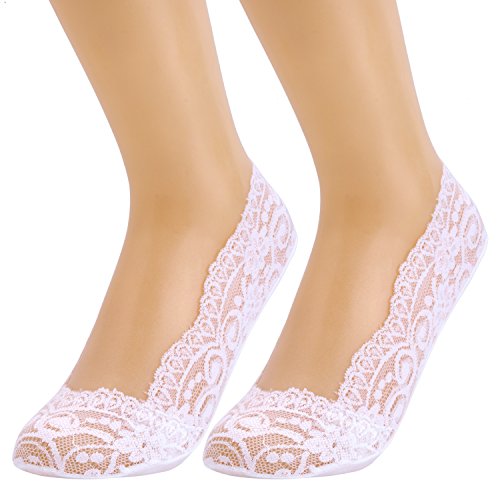 Sasairy Ladies' No Show Invisible Pump Floral Lace Ballet Footies Socks Summer Boat Socks White UK 4-7