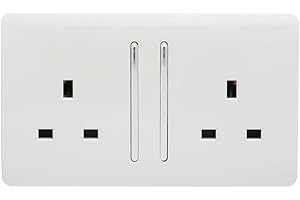 TRENDI SWITCH Trendi 2 Gang Raised Artistic Modern Glossy Screwless 13 Amp Single Pole with Chrome Switched UK Standard Electrical Double Wall Plug Socket in Ice White - ART-SKT213LWH