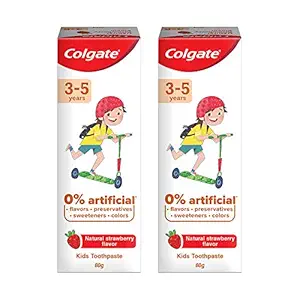 Colgate Kids Anticavity Toothpaste with 0% Artificial Substances, SLS Free for Cavity Protection (3-5 Years, 160g/80g x 2, Natural Strawberry Flavour)