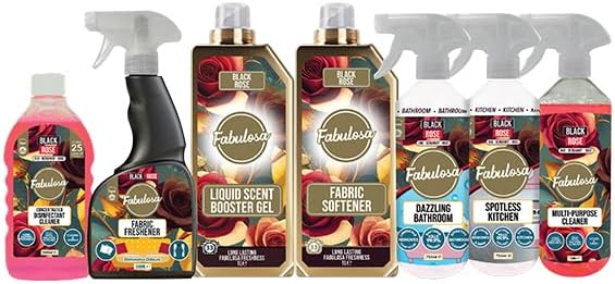 Fabulosa All-in-One General Household Cleaning Bundle, Oud Cleaners and Fresheners, Antibacterial Sprays and Disinfectants Long Lasting Fabric Softener and Liquid Scent Booster Gel, 7 Pack, Black Rose