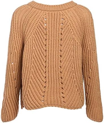 women sweater knit hollow crewneck long sleeve loose tops elasticity sweatshirts pullovers . coffee . one size