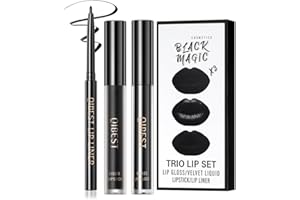 MORNERY 3Pcs Black Matte Liquid Lipstick and Lip Liner Set - Black Lip Gloss Stain Lipliner Set, Moisturizing Velvet Liquid Lipstick/Non-Stick Cup Lipgloss for Halloween Goth Makeup