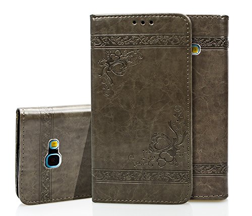 Galaxy A7 2017 Case, Samsung A720 Leather Case, Samsung Galaxy A7 2017 Wallet Case, BONROY Premium Samsung Galaxy A7 (2017) A720 Case Vintage Love embossed Pattern PU Leather Flip Stand Wallet Cover With Cash / Card Slots Protective Case for Samsung Galaxy A7 (2017) A720 - Gray