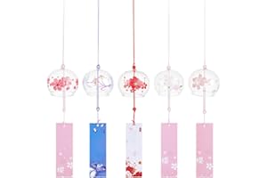 OLYCRAFT 5Pcs Carillon Éolien Japonais 5 Styles Thème Fleur de Cerisier Cloches à Vent en Verre Fabriquées à la Main Pendentifs Créatifs à Suspendre pour la Maison Jardin Le Mariage Décoration