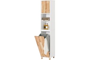 ‎SOBUY SoBuy BZR74-W Badezimmer Hochschrank mit ausklappbarem Wäschesack Badschrank Badregal Wäscheschrank Wäschetruhe Badmöbel Weiß-Natur BHT ca: 31x170x32cm