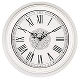 Ausgestanztes Ziffernblatt verleiht der großen Uhr Leichtigkeit - Breiter Rahmen mit schönem Dekor - Quarzuhr aus Kunststoff ist leicht und stabil