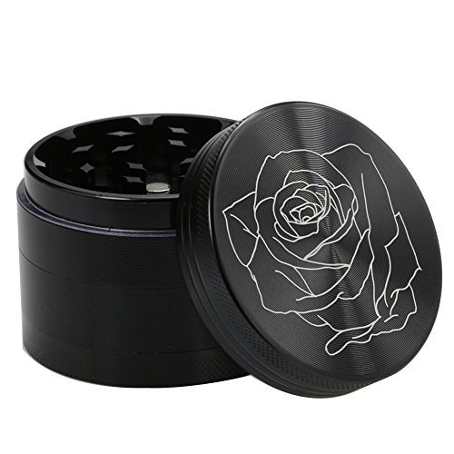 DCOU neue Design Premium Krautmühle mit Siebgrinder bruchfester Aluminium Tabak Mahler Crusher Gewürze mit Blumen auf dem Deckel Magnetisch Ø63mm 4-teilig Schwarz