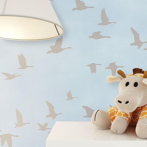 Newroom Children's Wallpaper Non-Woven Wallpaper Blue Grey Birds Fun Modern and Elegant Design For Baby Boys or Girls with Trestle Guide
