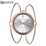 Uhren für Frauen, Geekthink Quartz Analog Watch Öffnen Armreif Stahlband Runde Fall Armbanduhr(Rose Gold)
