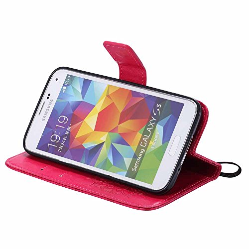 Galaxy S5 Hülle, Galaxy S5 Neo Hülle, Dfly Premium Slim PU Leder Mandala Blume prägung Muster Flip Hülle Bookstyle Stand Slot Schutzhülle Tasche Wallet Case für Samsung Galaxy S5 / S5 Neo, Rot - 5