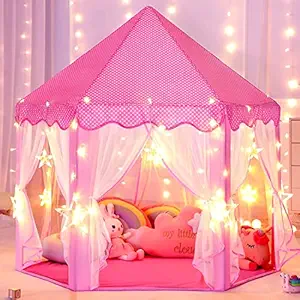 Sarai Princess Castle Tent for Girls Fairy Play Tents for Kids Hexagon Playhouse with Transparent Walls Toys for 3- to 6-Year-Old Children or Toddlers Indoor or Outdoor Games (Pink)