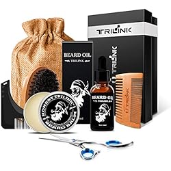 Kit de Soin de Barbe pour Homme - Contient: huile à barbe, baume barbe, brosse barbe, peigne barbe, ciseaux à moustache, guide pochoir pour mise en forme, coffret cadeau - Meilleur coffret